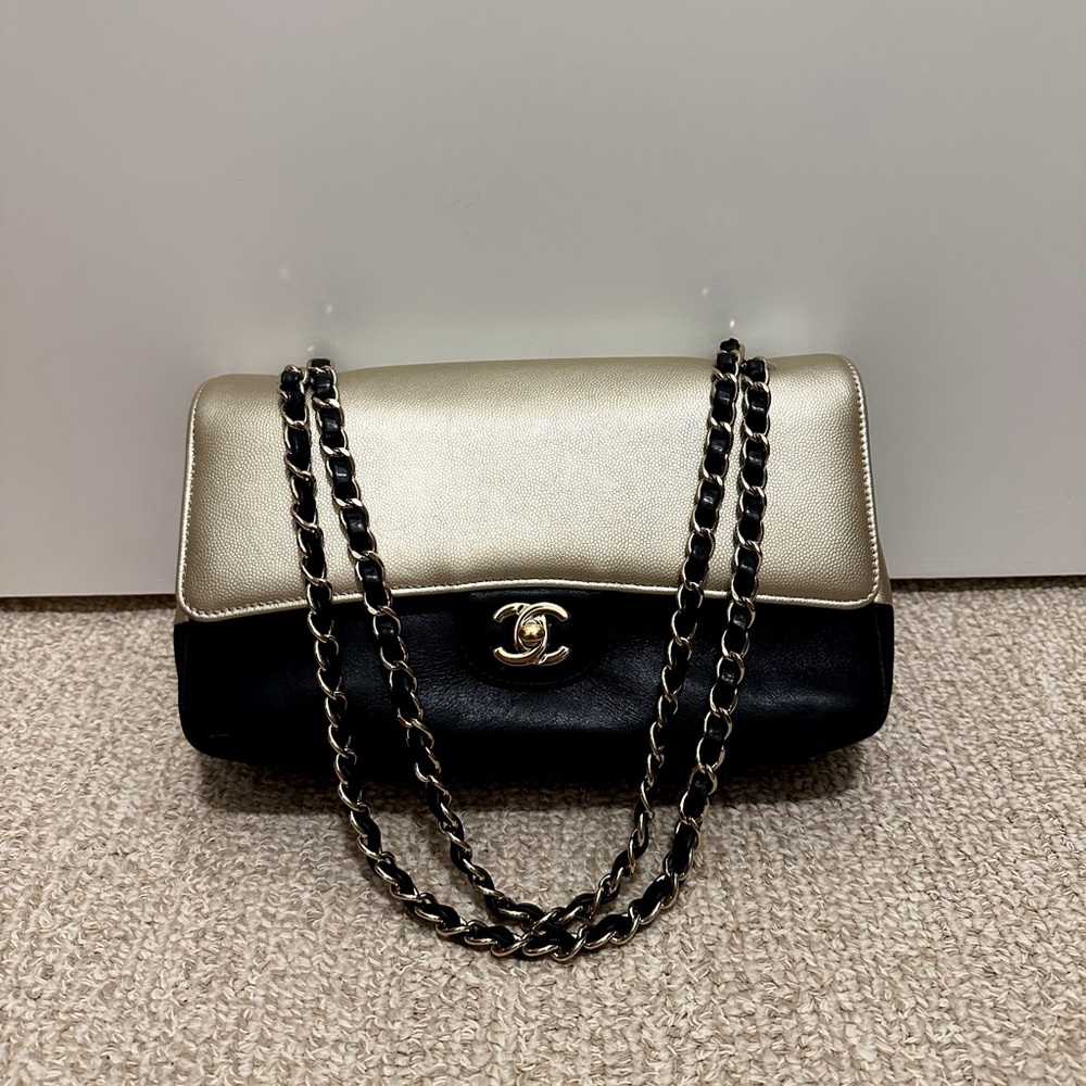 Chanel Bicolor Classic Pure Double Flap Bag Caviar and Iridescent Calfskin Jumbo